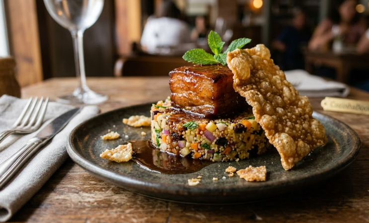 Cuscuz Marroquino com Barriga de Porco Confitada, Pururuca e Glace de Vinho Tinto
